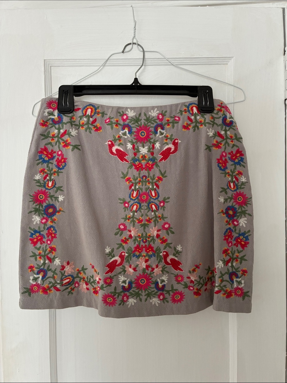 The Impeccable Pig Gray Mini Skirt with Multicolor Floral & Bird Embroidery